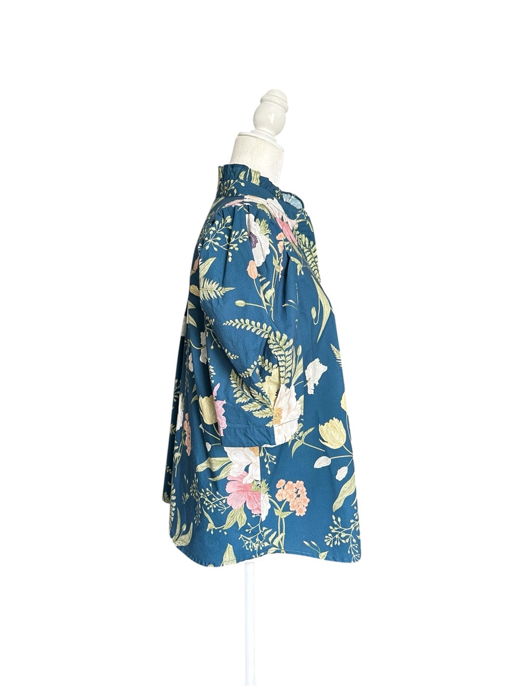 Entro blue teal floral short sleeved blouse puff sleeves frill collar size M - Picture 2 of 3